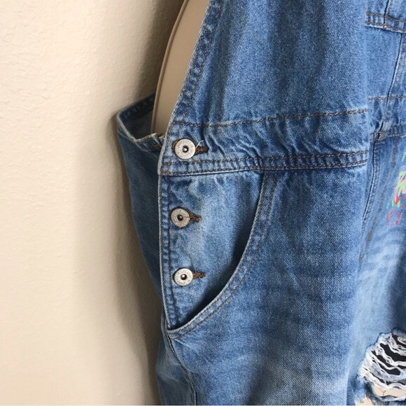 Spoon Graffiti Graphic Short Overalls Denim Blue Jean Shortalls Women Size 2X - Picture 4 of 15